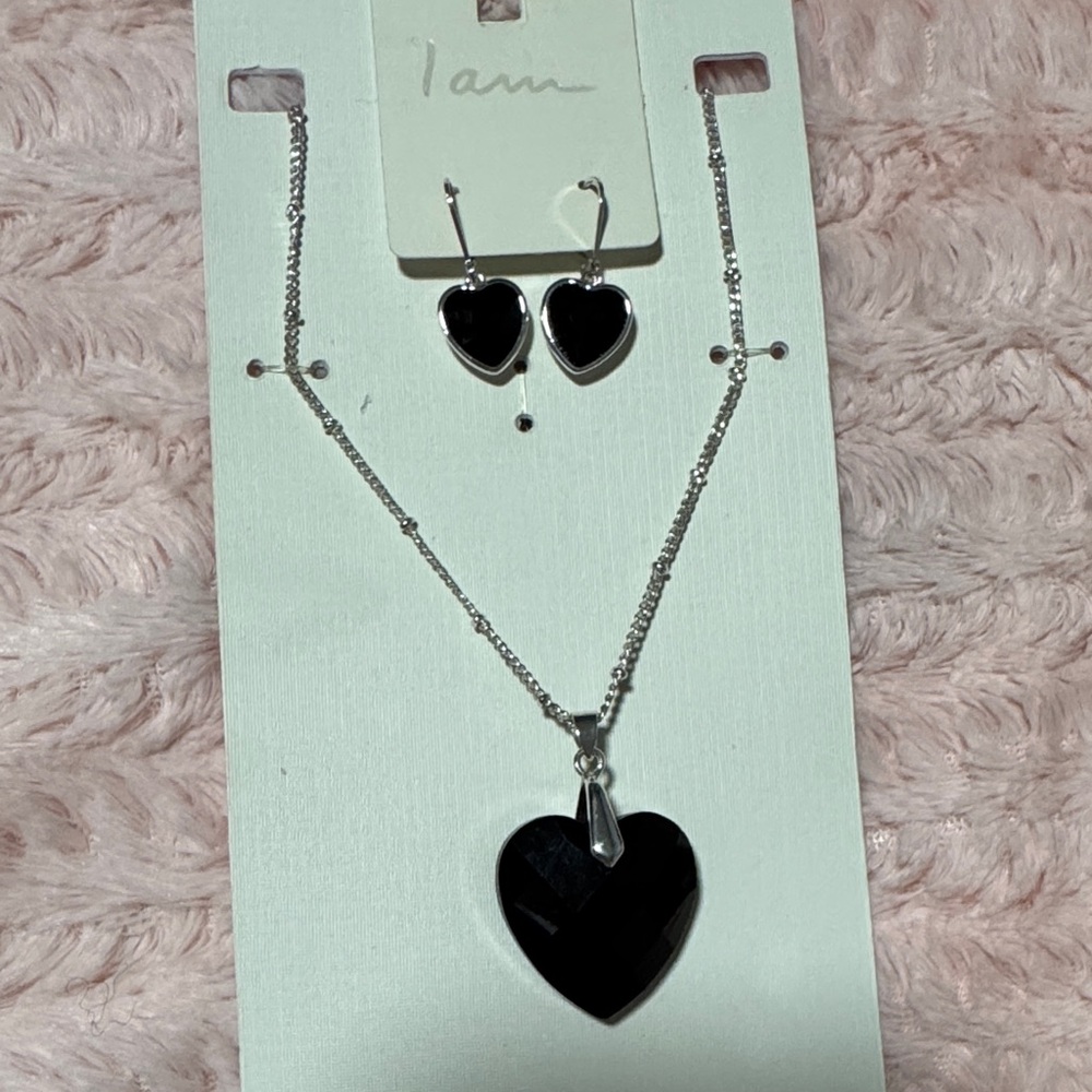 Silver and Black Heart Necklace and Earrings Set